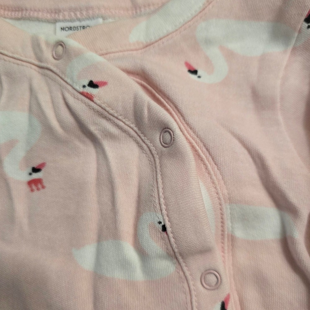 Nordstrom Baby Pink Swan Print Footed Sleeper Snap Up Romper 6 Months - Picture 6 of 8